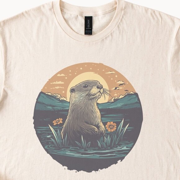 Otter Shirt Unisex Graphic Nature T Shirt Animal Art Mountains Flowers - Picture 1 of 4